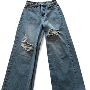 Distressed High-Rise Wide Leg Jeans - Blue